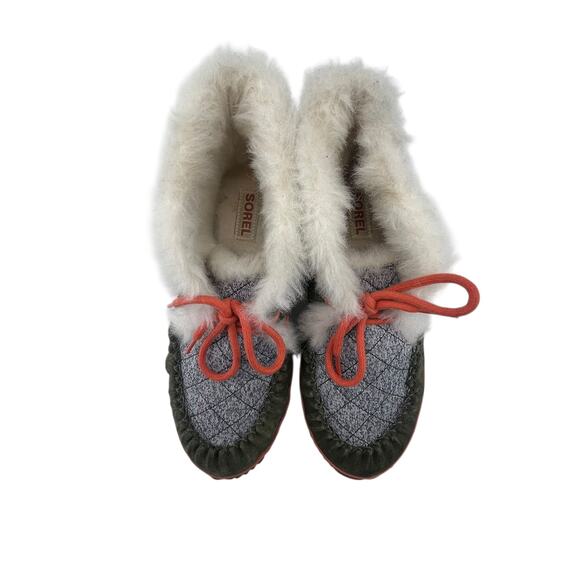 Sorel Out N About Moccasin Slipper Boots Size 8.5 Gray Green Suede Faux Fur - Picture 6 of 7